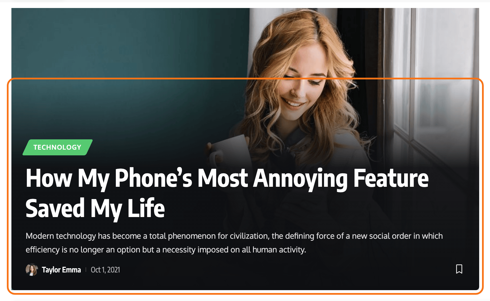 A post card with the title over the image on the Default demo home page: the dark gradient that fades up behind the category, title and meta, outlined in orange, is the colour Dark Accent Color sets