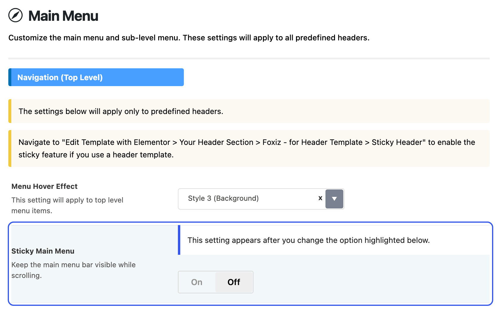 Theme Options > Header > Main Menu reached by typing smart sticky while Sticky Main Menu is off: the blue notice This setting appears after you change the option highlighted below, inside the outlined Sticky Main Menu row