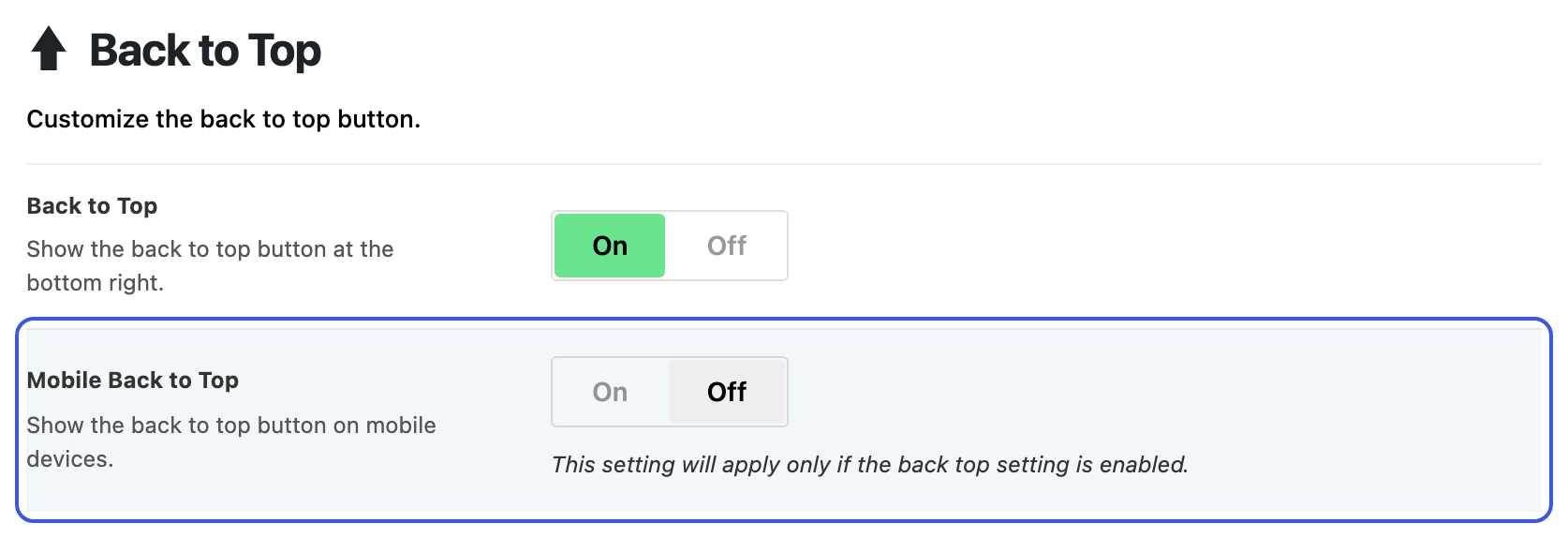 Theme Options open on Theme Design › Back to Top after choosing Foxiz: Mobile Back to Top in the palette, with the Mobile Back to Top row outlined in blue