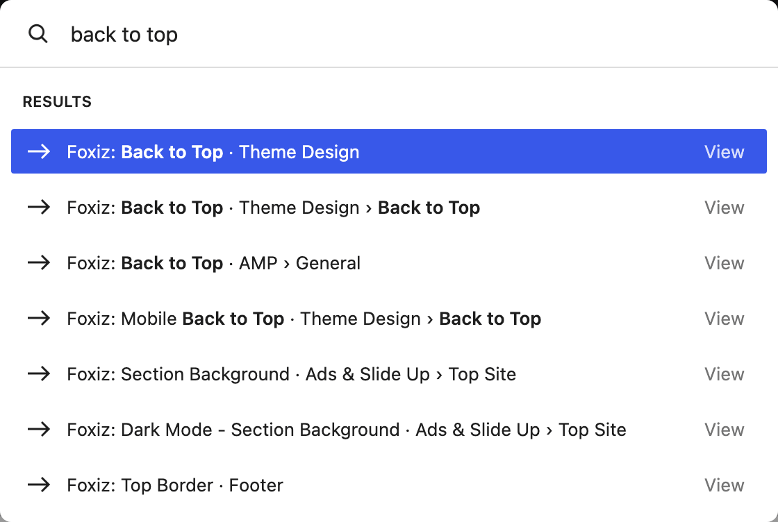 The command palette open over the Dashboard with back to top typed: Foxiz: Back to Top · Theme Design selected at the top, then Foxiz: Back to Top · Theme Design › Back to Top, Foxiz: Back to Top · AMP › General and Foxiz: Mobile Back to Top · Theme Design › Back to Top