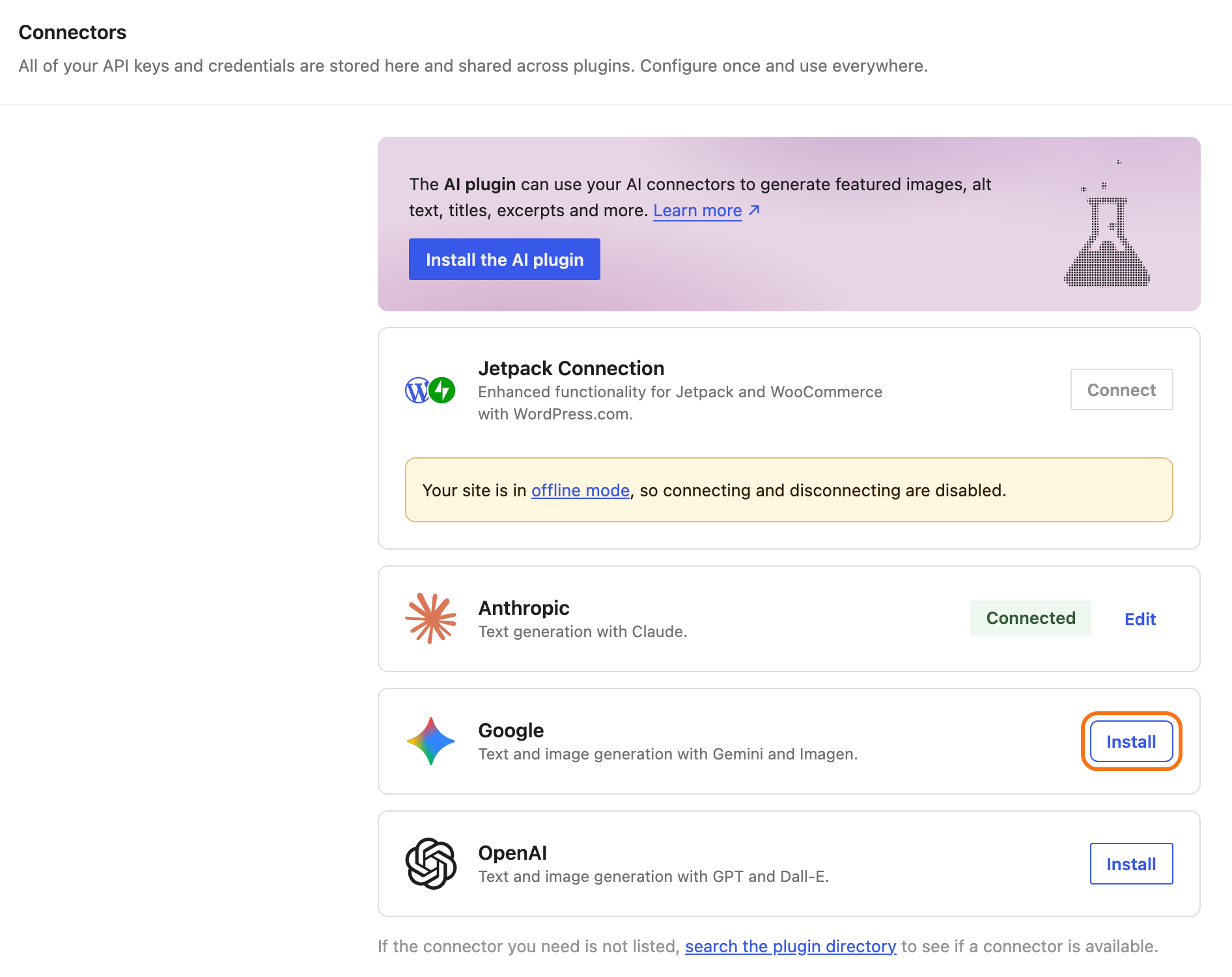 Settings > Connectors: the Install the AI plugin box at the top, then the cards Jetpack Connection, Anthropic (Connected), Google and OpenAI, with the Install button on the Google card outlined