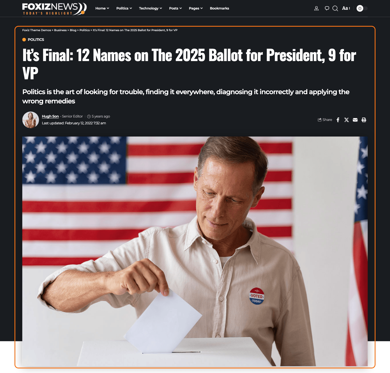 A single post on the Business demo in a 1400px window, the content container outlined in orange: at the default 1280px it holds the breadcrumb, headline, meta row and featured image, with a margin of page on either side