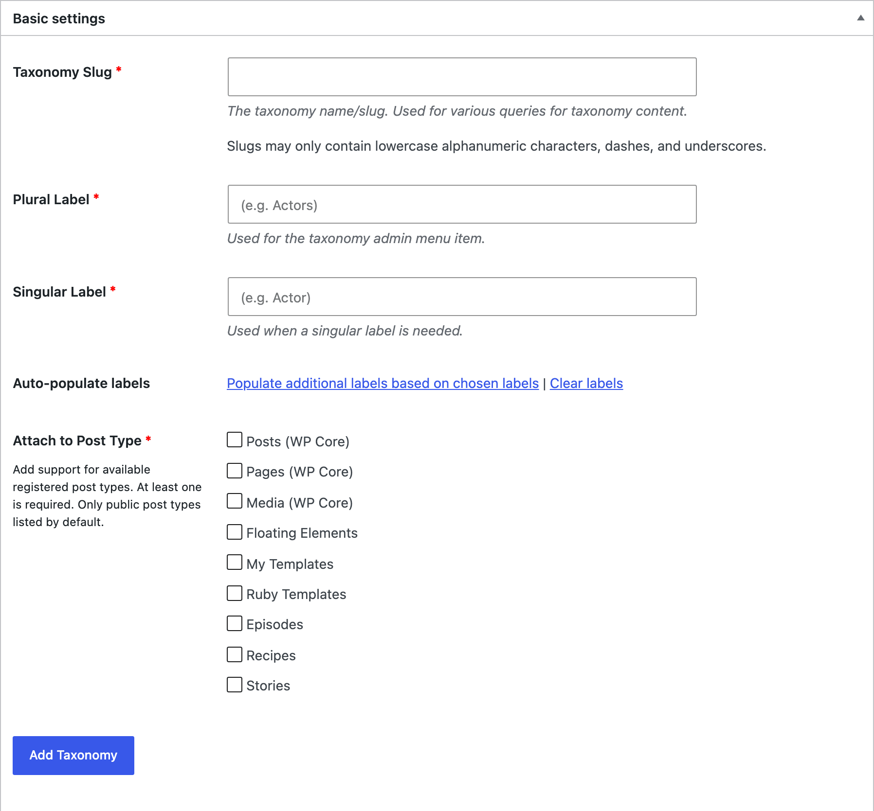 The Basic settings panel of CPT UI's Add New Taxonomy tab, with Taxonomy Slug and Attach to Post Type