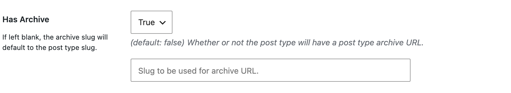 Has Archive in CPT UI's Settings panel, set to True, with the archive slug box under it