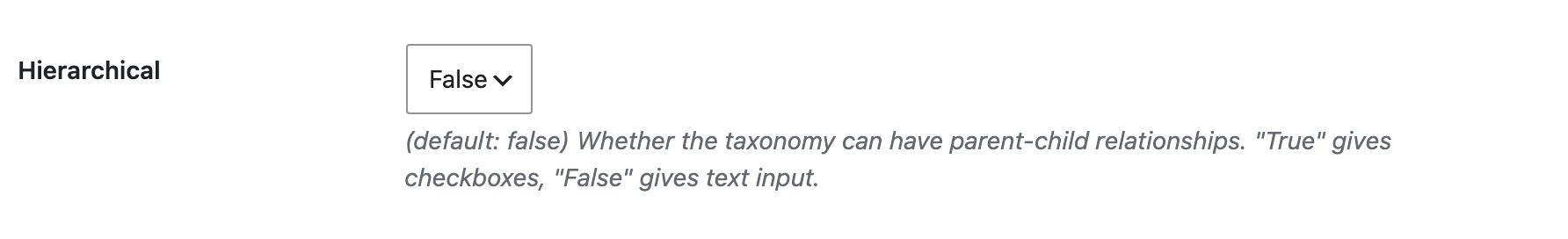 The Hierarchical setting on the CPT UI taxonomy screen, which starts on False
