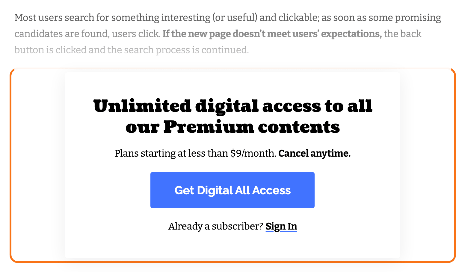 The Foxiz restriction box on a protected post of the Subscription demo, outlined in orange, below the faded teaser: Unlimited digital access to all our Premium contents, the price line, the Get Digital All Access button and the Sign In link.
