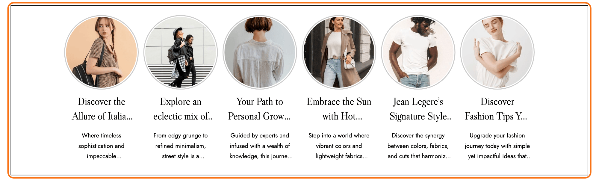 A row of web stories on the Foxiz Best Fashion demo, each a round cover image above its title, outlined in orange