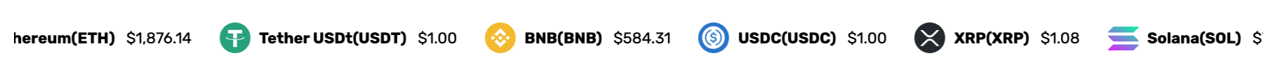 The Cryptocurrency Widgets price ticker running across the top of the coin demo, each coin with its symbol and price