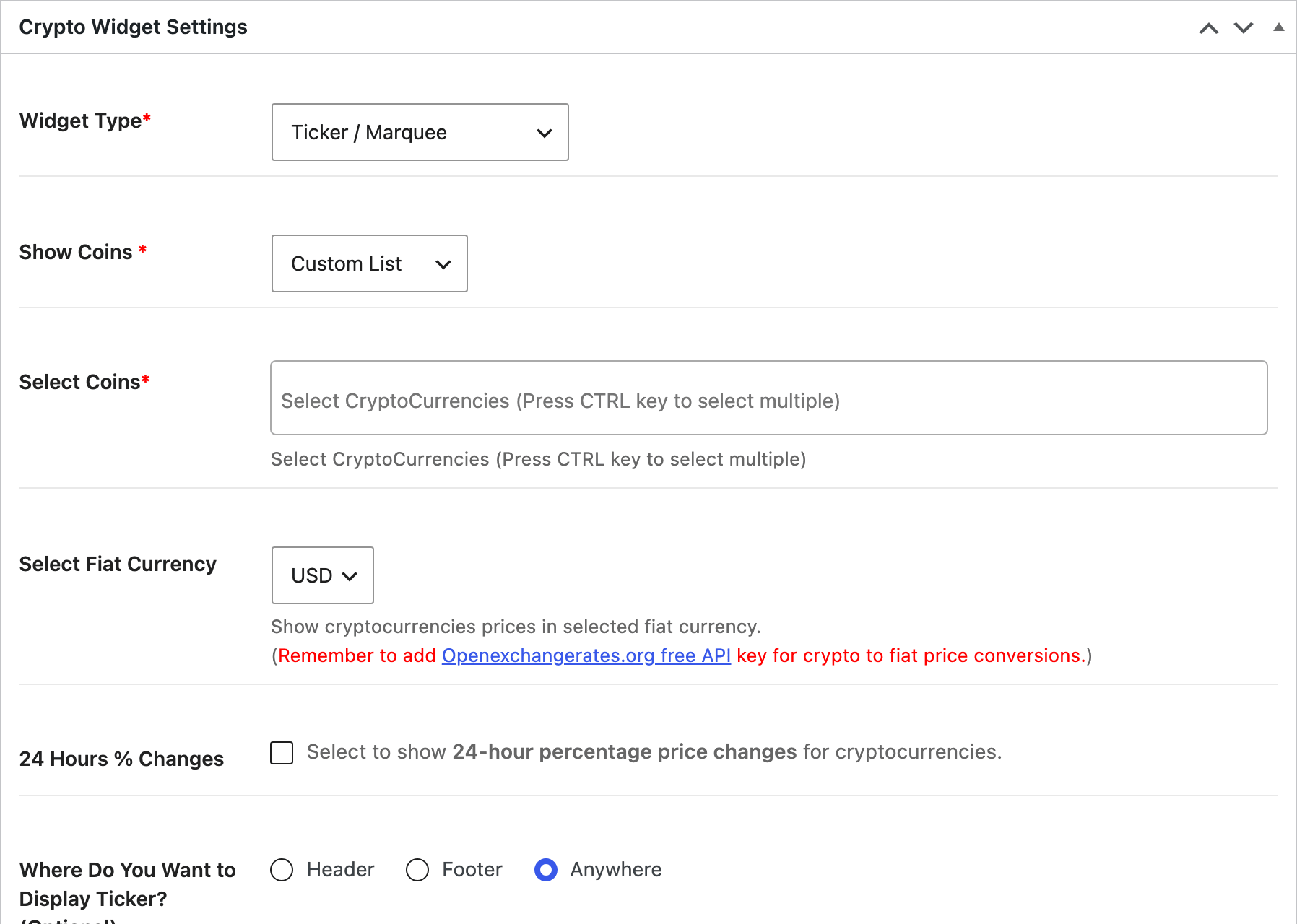 The settings for a new crypto widget