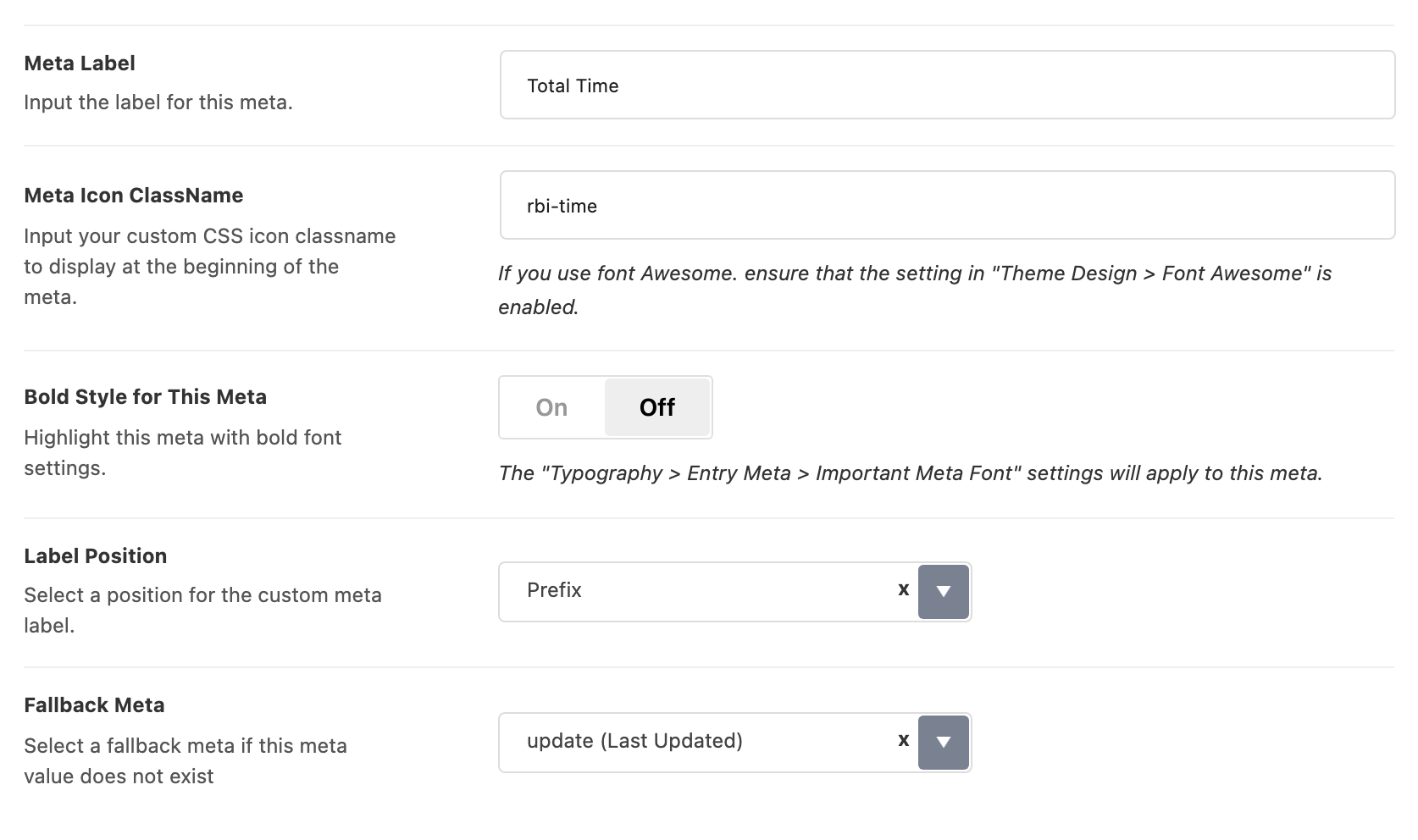 The Custom Meta subsection of Theme Design: Meta Label set to Total Time, Meta Icon ClassName to rbi-time, Bold Style for This Meta off, Label Position on Prefix and Fallback Meta on update (Last Updated).