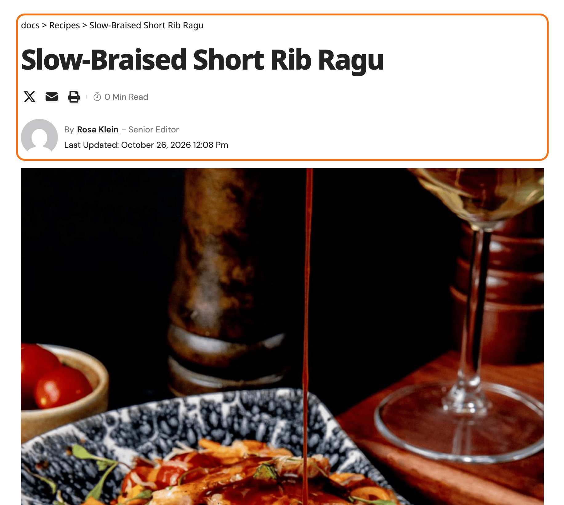 A Recipe post on a Foxiz site in Layout 8, the default for custom post types, its header outlined in orange