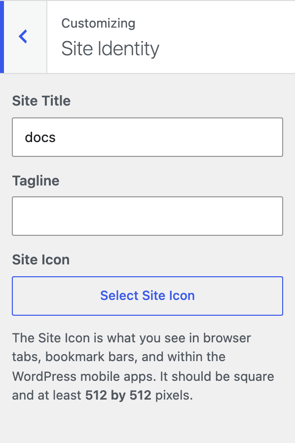 The Site Identity panel in the Customizer, with Site Title, Tagline and the Site Icon control and its Select Site Icon button
