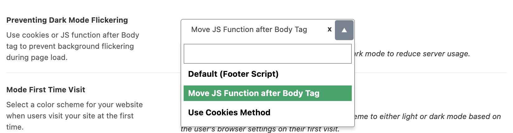 Preventing Dark Mode Flickering open on Default (Footer Script), Move JS Function after Body Tag and Use Cookies Method