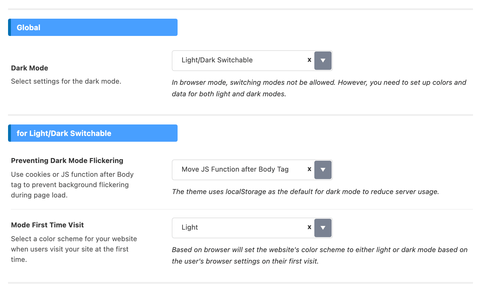 The Global and for Light/Dark Switchable groups of Theme Options > Dark Mode