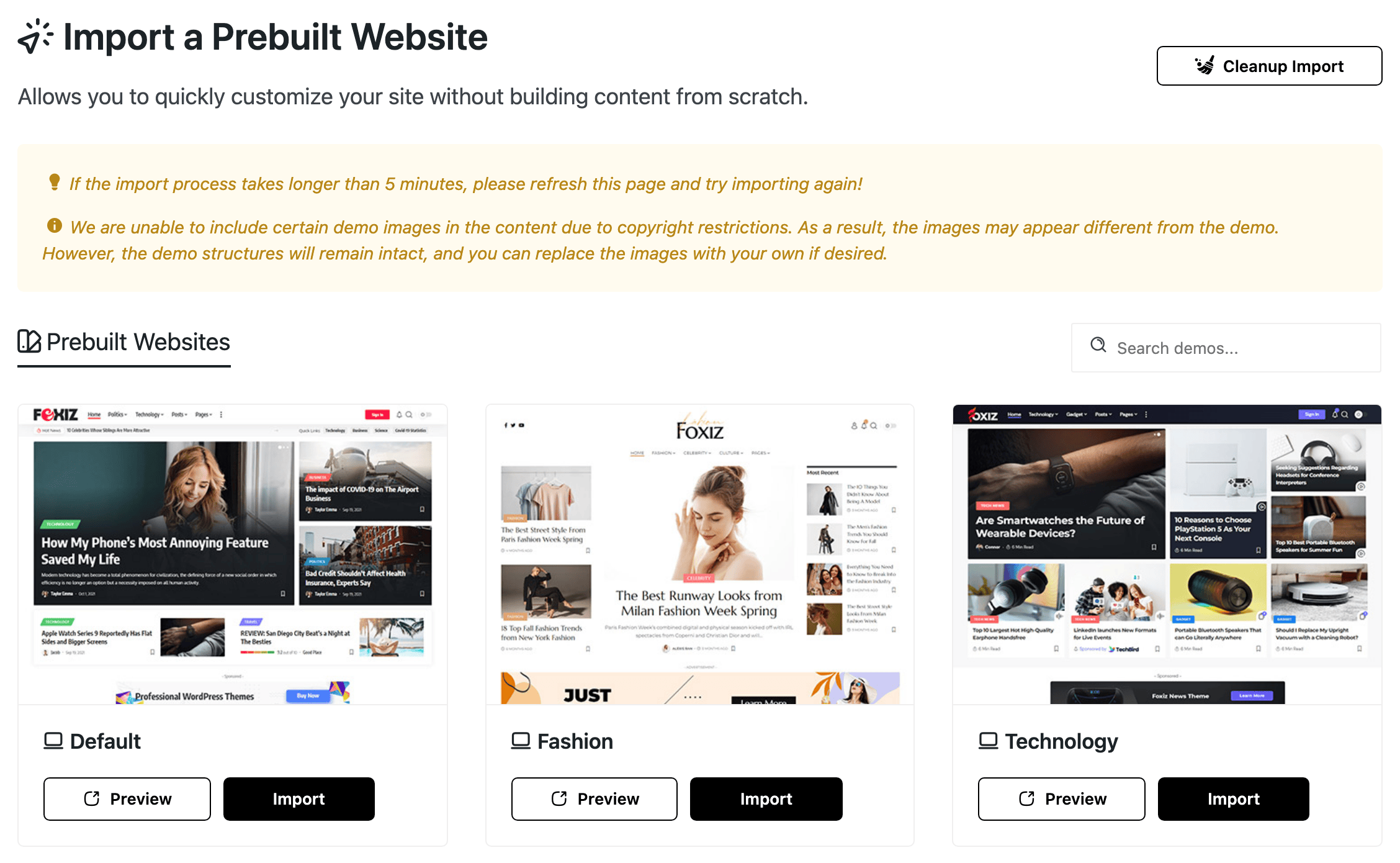 The Demo Importer page: Import a Prebuilt Website with the Cleanup Import button, the two notes about long imports and demo images, and the first prebuilt websites under Prebuilt Websites with the Search demos box