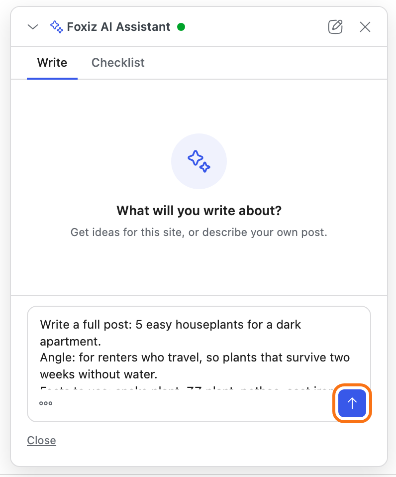 The Foxiz AI Assistant on an empty post after Describe my post: What will you write about? above, and the request box holding the houseplant brief, starting Write a full post: 5 easy houseplants for a dark apartment., with the send arrow outlined