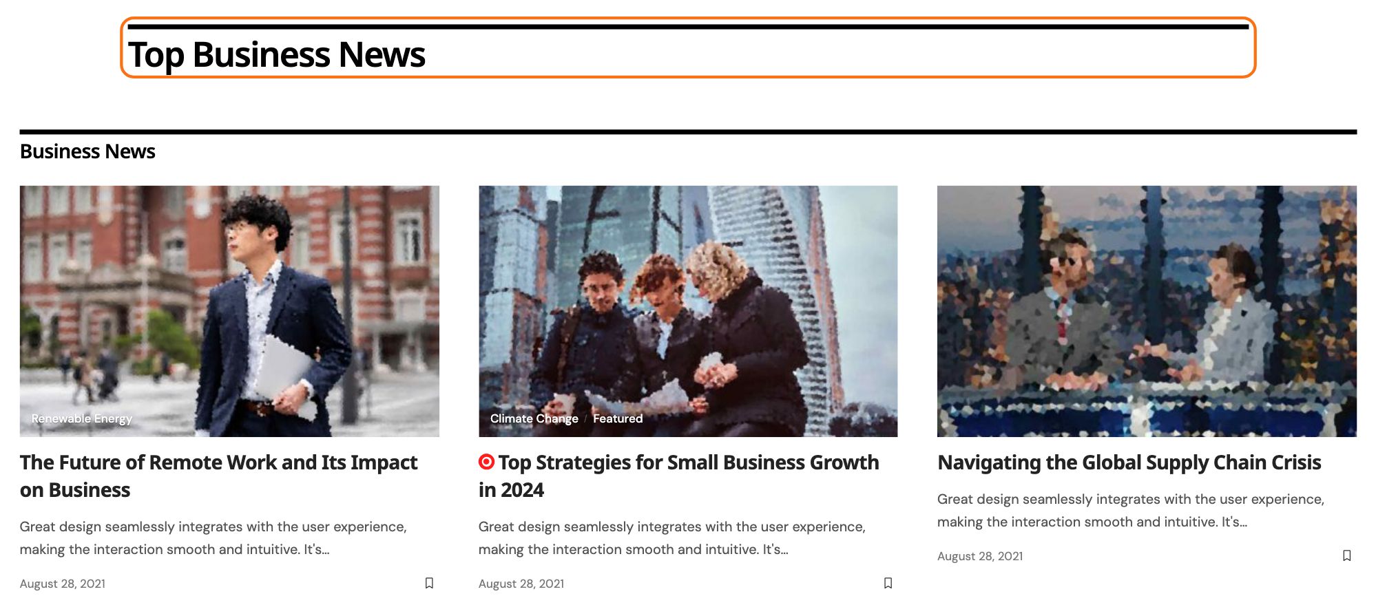 The heading Top Business News on the Business category, outlined in orange: the template's heading block holds Top archive News and the category name is filled in.