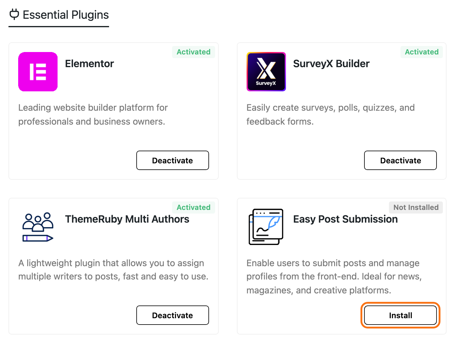 The Essential Plugins section of Foxiz > Dashboard with the Easy Post Submission card marked Not Installed and its Install button outlined