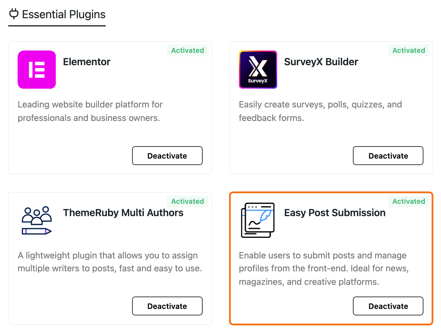 The Essential Plugins section of Foxiz > Dashboard after activation, with the Easy Post Submission card, outlined, marked Activated and its Deactivate button