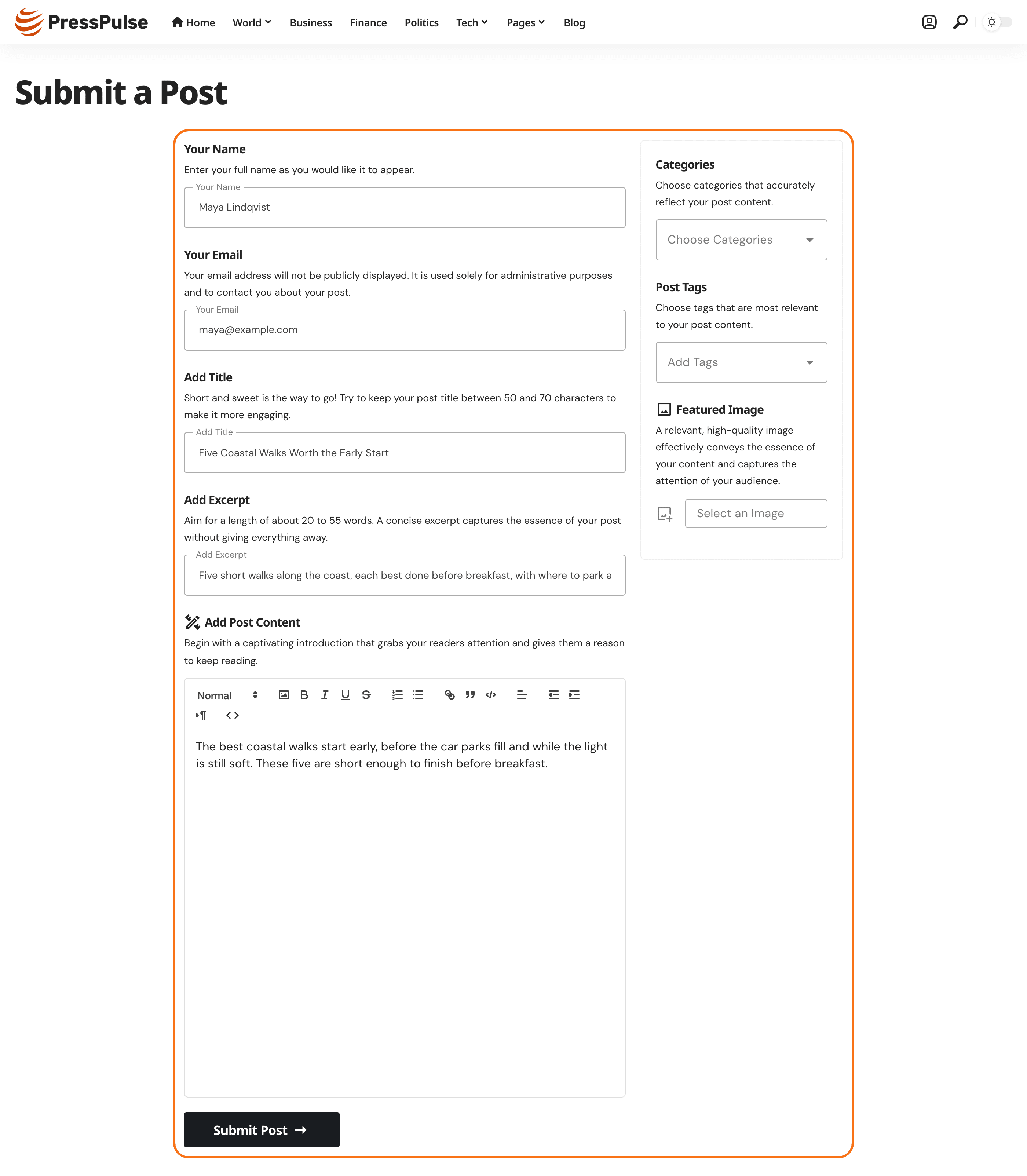 The Submit a Post page as a signed out visitor sees it: the site header and the page title, then the form, outlined, filled in by a guest: Your Name, Your Email, Add Title, Add Excerpt and Add Post Content, Categories, Post Tags and Featured Image on the right, and the Submit Post button