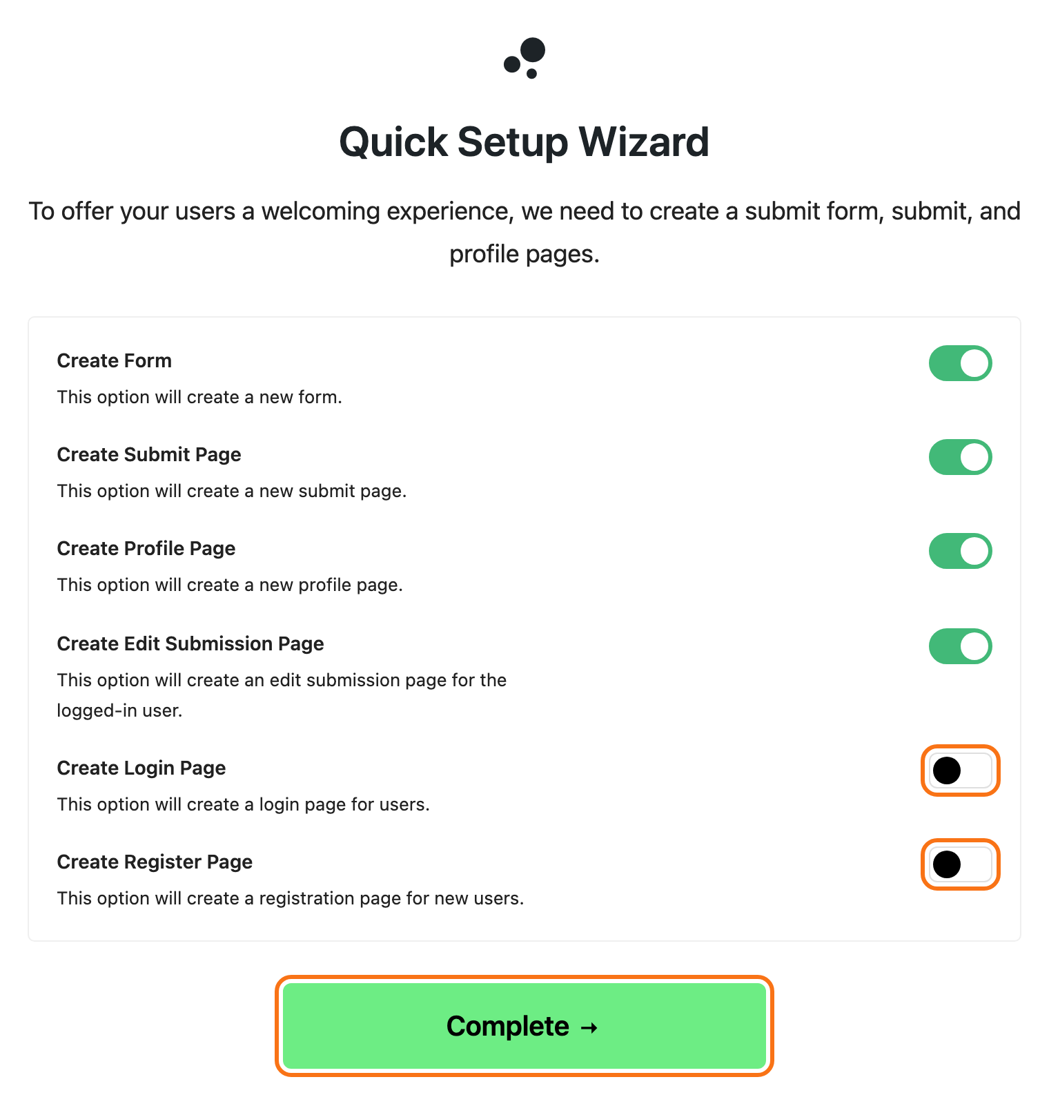 The Quick Setup Wizard set for the Foxiz login page: Create Form, Create Submit Page, Create Profile Page and Create Edit Submission Page on, Create Login Page and Create Register Page switched off and outlined, above the Complete button, also outlined