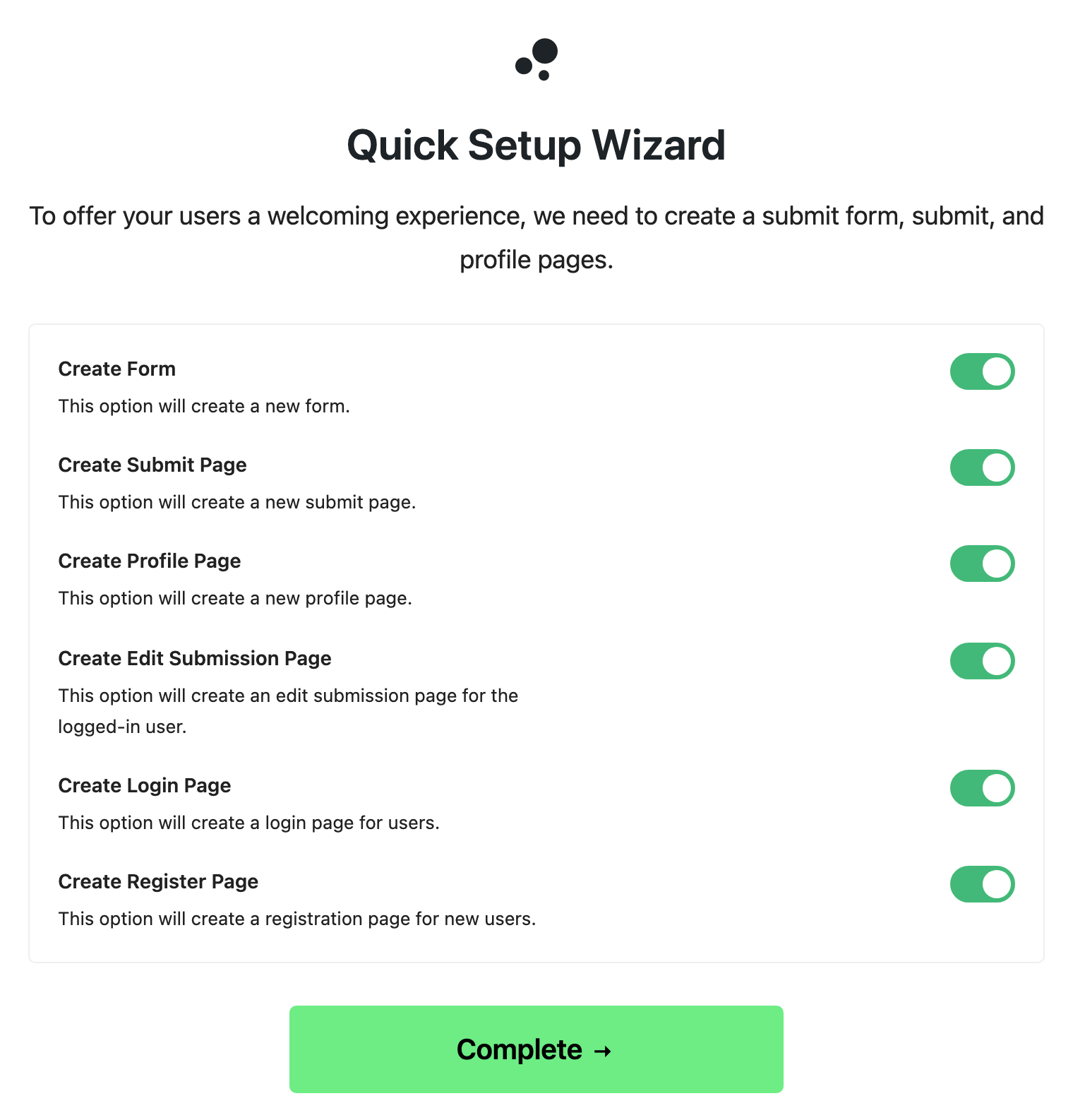 The Quick Setup Wizard on Foxiz > Easy Submission: Create Form, Create Submit Page, Create Profile Page, Create Edit Submission Page, Create Login Page and Create Register Page, all switched on, above the Complete button