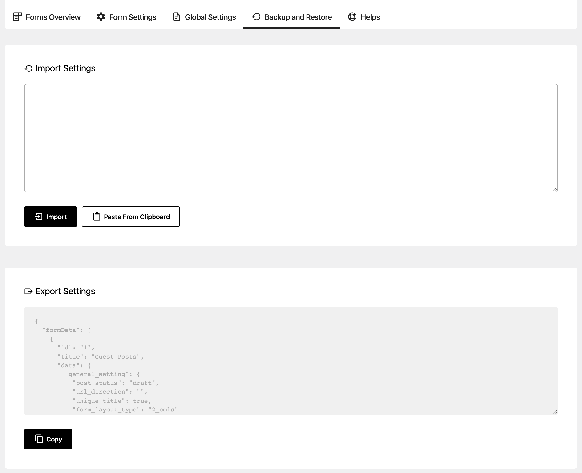 The Backup and Restore tab: Import Settings with an empty box, Import and Paste From Clipboard, and Export Settings showing the forms as text with a Copy button