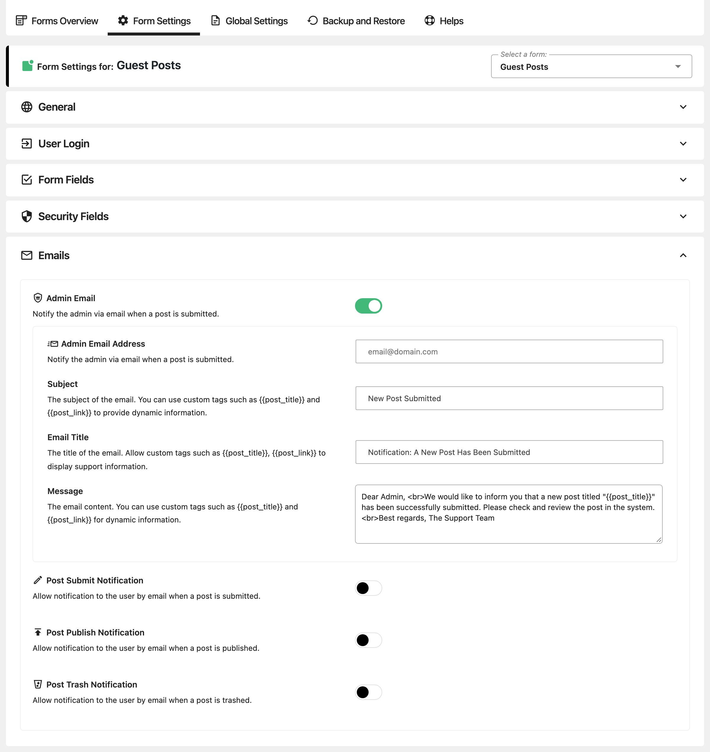 Form Settings for Guest Posts, Emails group open with Admin Email switched on: Admin Email Address empty, Subject New Post Submitted, Email Title and Message, above the Post Submit, Post Publish and Post Trash Notification switches, all off