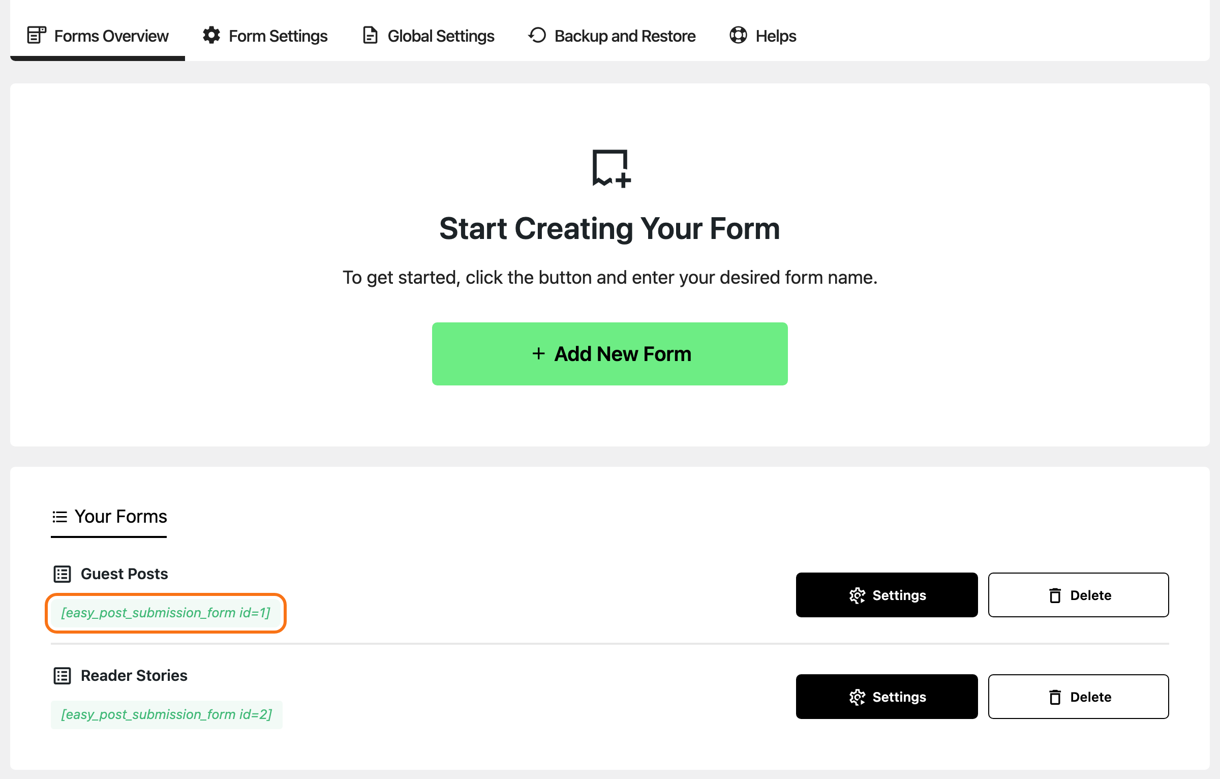 The Forms Overview tab of Foxiz > Easy Submission: the five tabs, then Your Forms with two form cards, Guest Posts with the shortcode easy_post_submission_form id=1 outlined and Reader Stories with id=2, each with Settings and Delete buttons