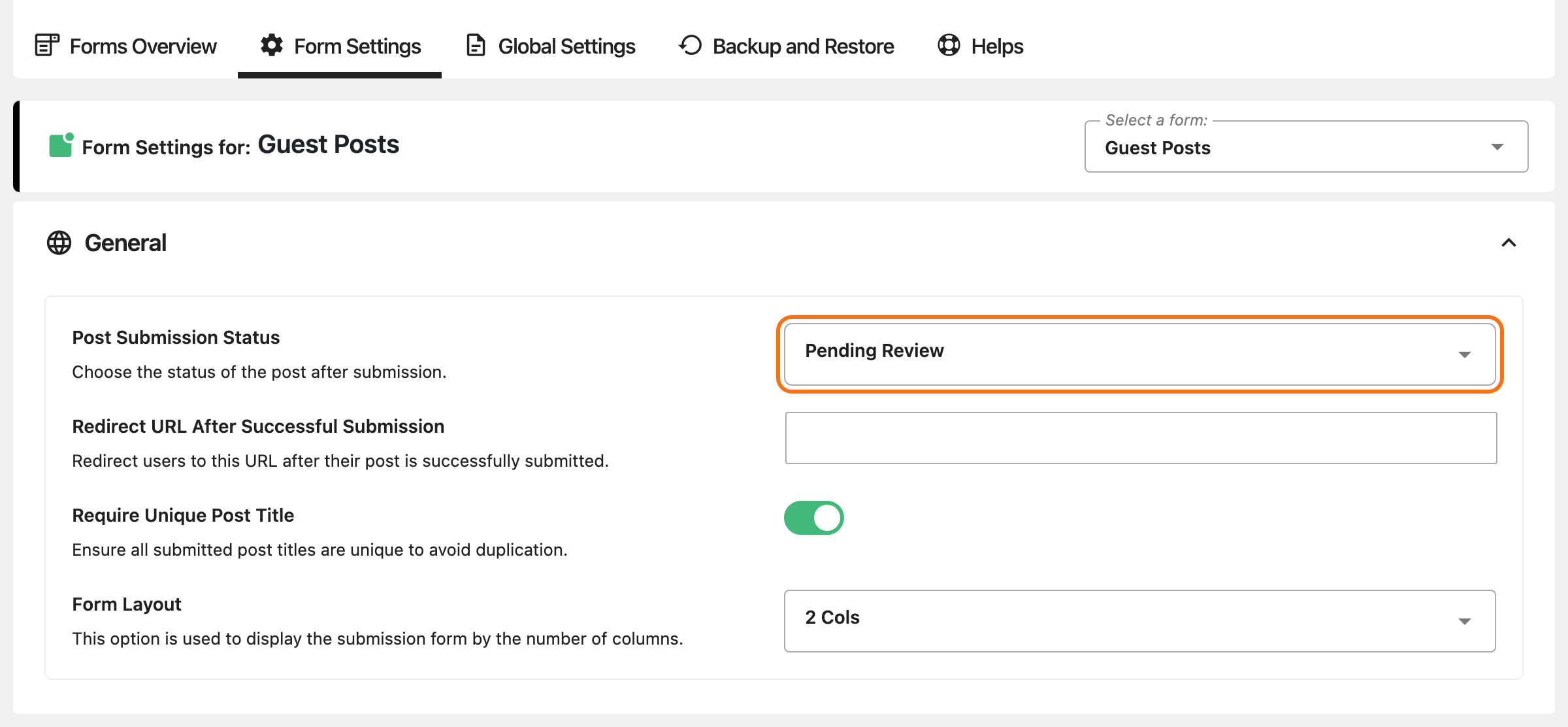 Form Settings for Guest Posts, General group open: Post Submission Status on Pending Review, outlined, Redirect URL After Successful Submission empty, Require Unique Post Title on and Form Layout on 2 Cols