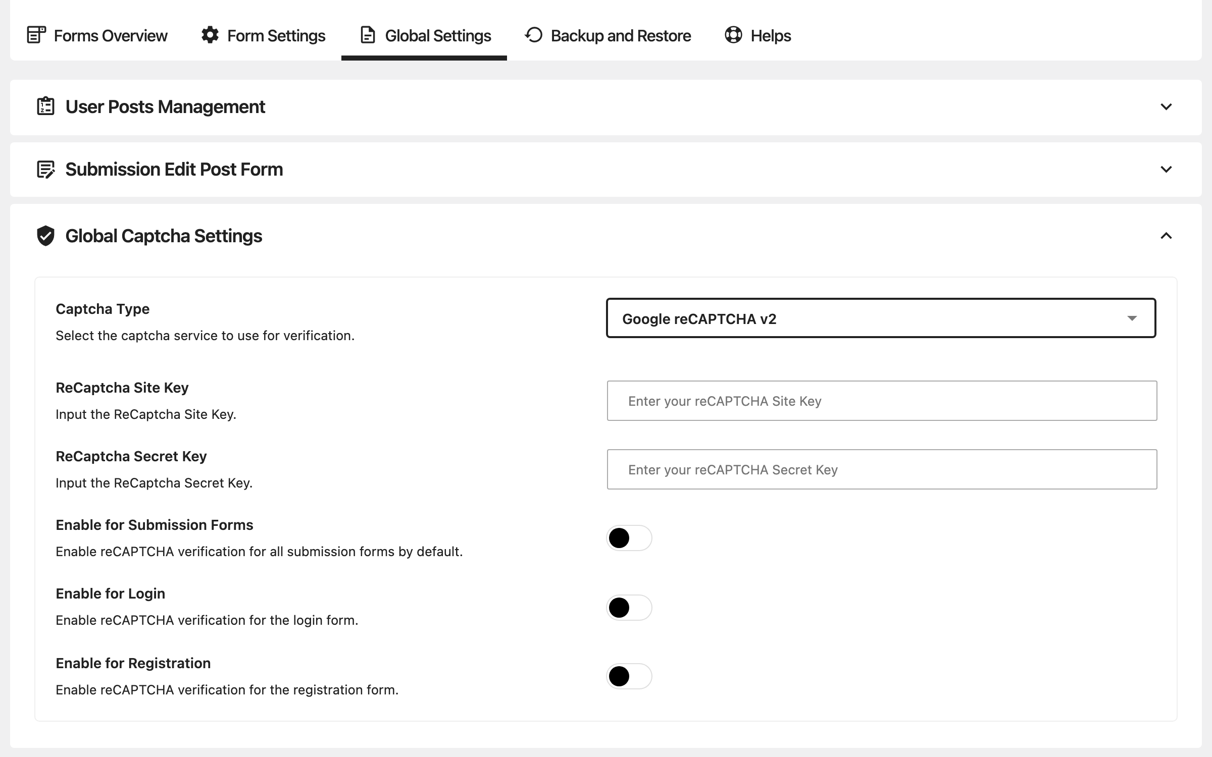 Global Settings, Global Captcha Settings group open with Captcha Type on Google reCAPTCHA v2: ReCaptcha Site Key and ReCaptcha Secret Key empty, and Enable for Submission Forms, Enable for Login and Enable for Registration off