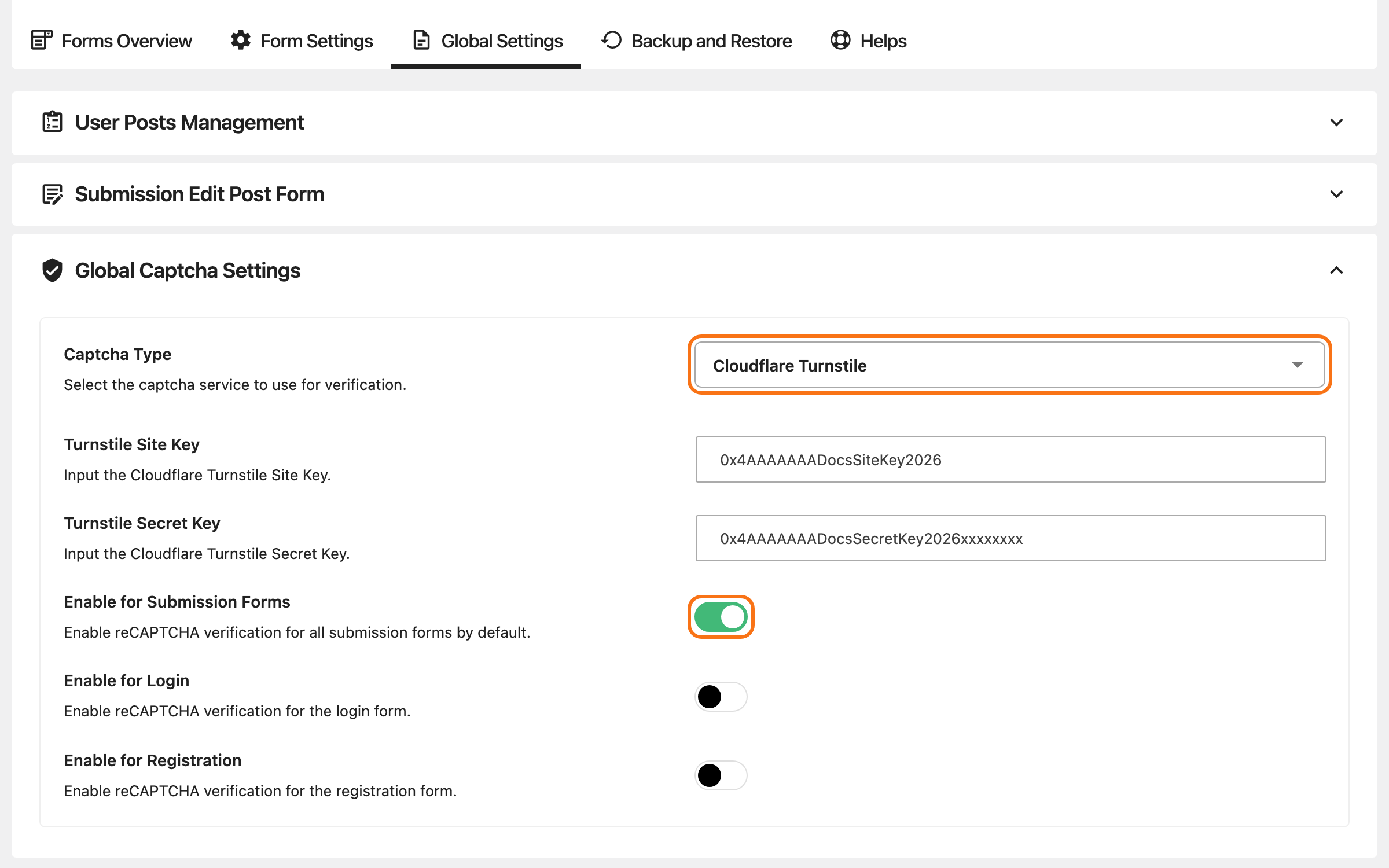 Global Settings, Global Captcha Settings group open: Captcha Type on Cloudflare Turnstile, outlined, a Turnstile Site Key and Turnstile Secret Key filled in, and Enable for Submission Forms switched on, outlined, with Enable for Login and Enable for Registration off