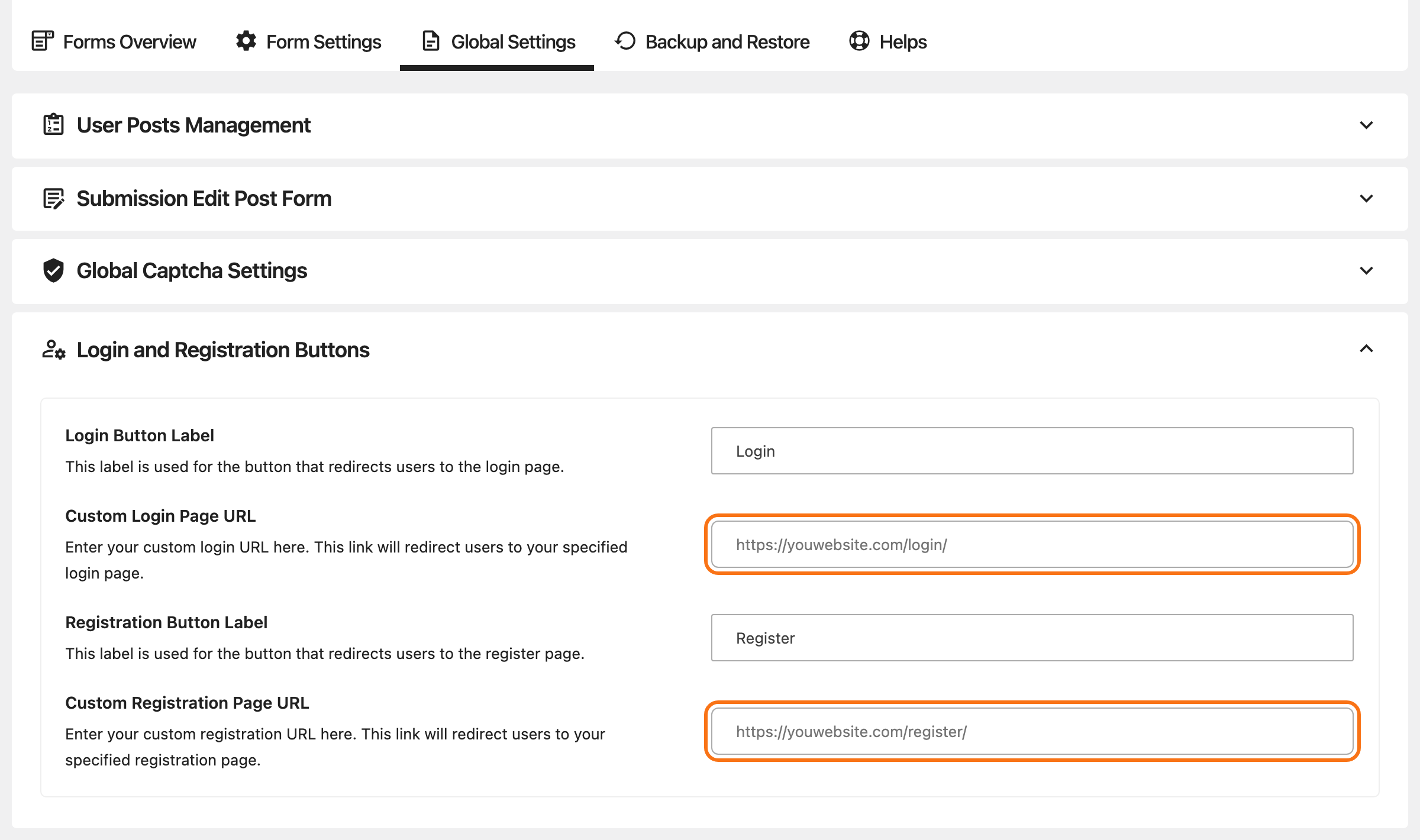 Global Settings, Login and Registration Buttons group open: Login Button Label Login, Custom Login Page URL and Custom Registration Page URL empty, showing only their grey placeholders, both outlined, and Registration Button Label Register