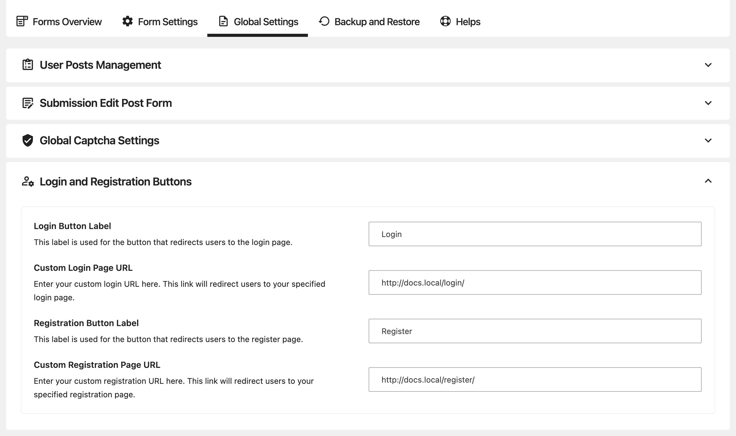 Global Settings, Login and Registration Buttons group open: Login Button Label Login, Custom Login Page URL set to a URL ending in /login/, Registration Button Label Register and Custom Registration Page URL set to a URL ending in /register/