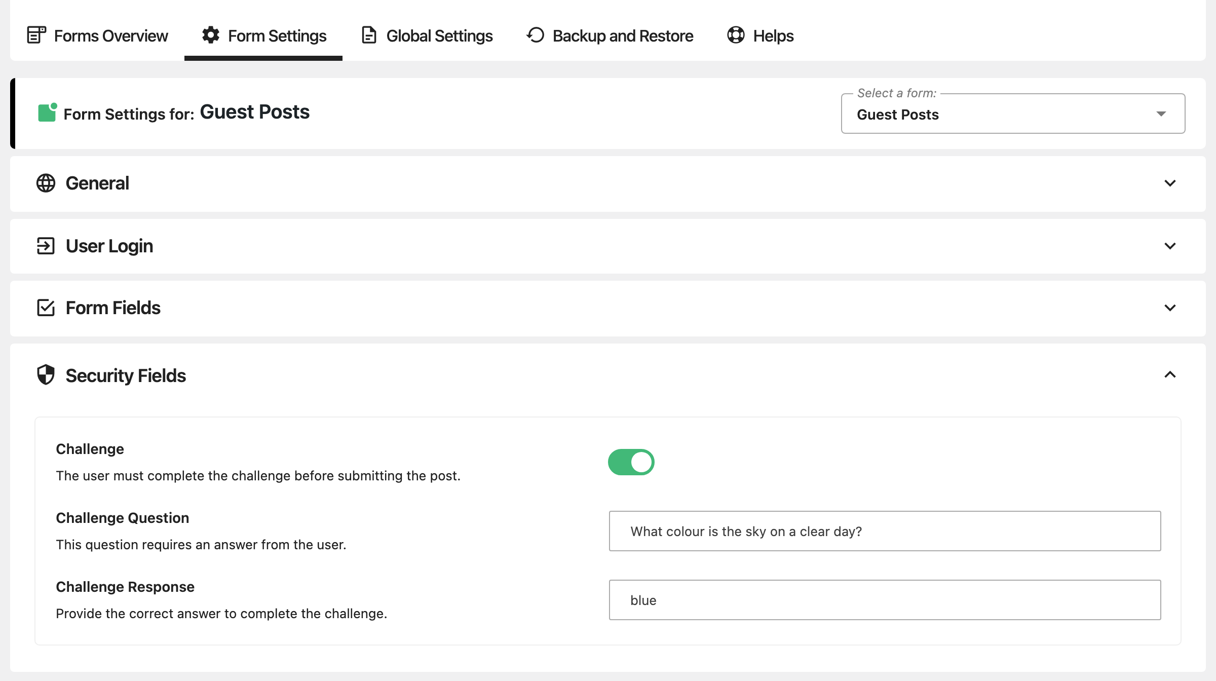 Form Settings for Guest Posts, Security Fields group open with Challenge switched on, Challenge Question What colour is the sky on a clear day? and Challenge Response blue