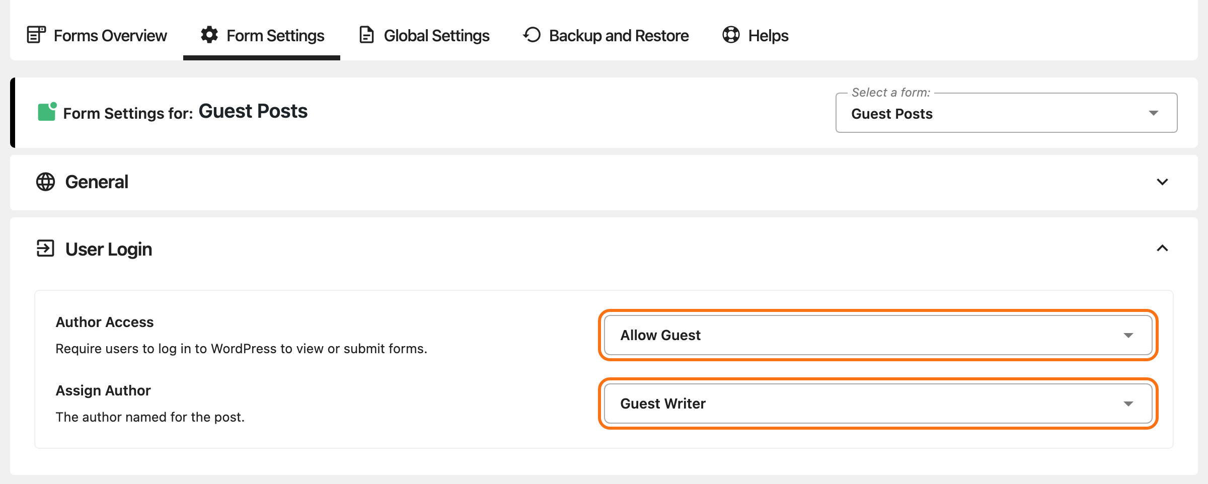 Form Settings for Guest Posts, User Login group open: Author Access on Allow Guest and Assign Author set to the user Guest Writer, both outlined