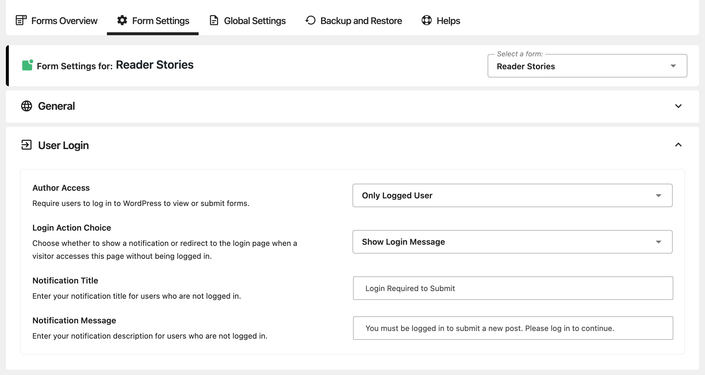 Form Settings for Reader Stories, User Login group open: Author Access on Only Logged User, Login Action Choice on Show Login Message, Notification Title Login Required to Submit and the default Notification Message