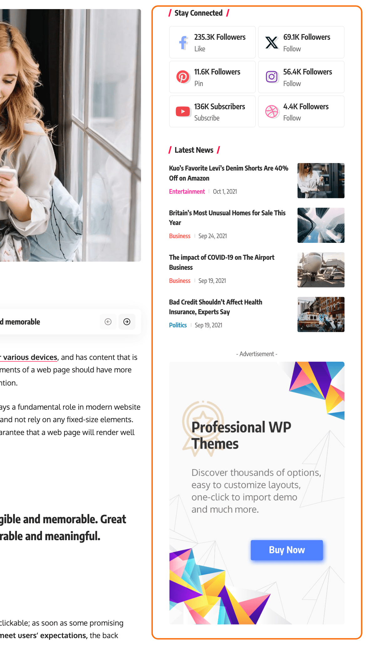 A single post on the Foxiz Default demo with the sidebar column outlined at the right, holding a social counter, a latest posts list and an advert.