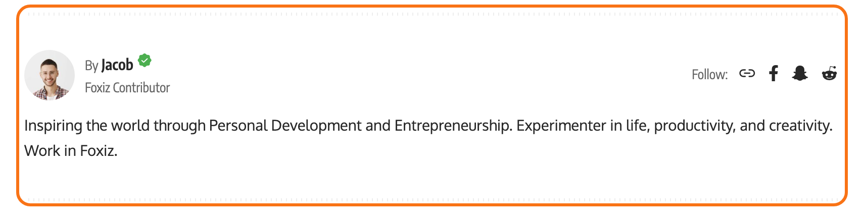 The author card at the end of a single post on the Default demo, outlined in orange: Jacob's avatar, By Jacob with the verified tick, the job name Foxiz Contributor, Follow icons and his biography