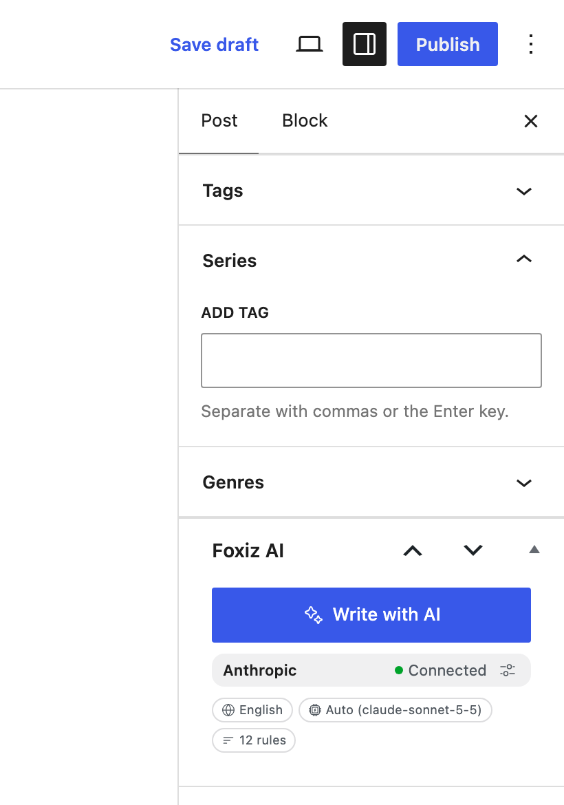 The Foxiz AI box in the post sidebar: Write with AI, Anthropic with a green Connected dot, and the English, Auto (claude-sonnet-5-5) and 12 rules badges