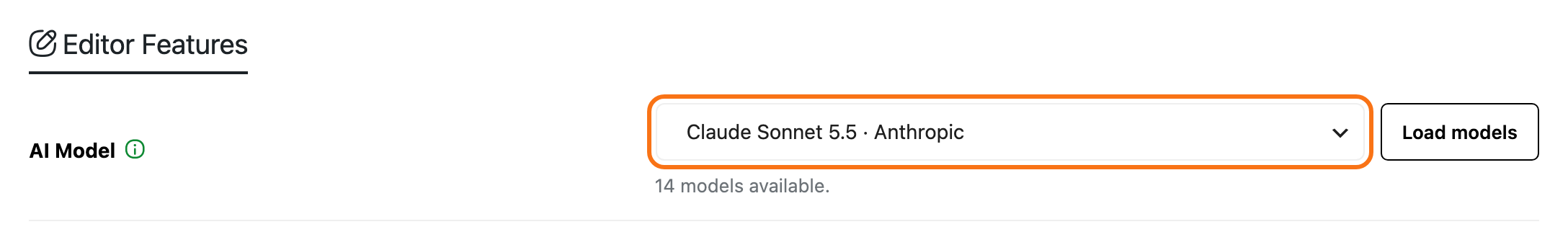 The Editor Features section of Foxiz > AI Assistant after Load models: AI Model set to Claude Sonnet 5.5 · Anthropic and outlined, the Load models button and the note 14 models available.