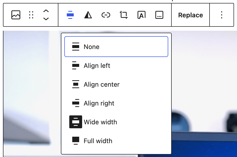 The image block toolbar with the Align menu open, listing None, Align left, Align center, Align right, Wide width and Full width