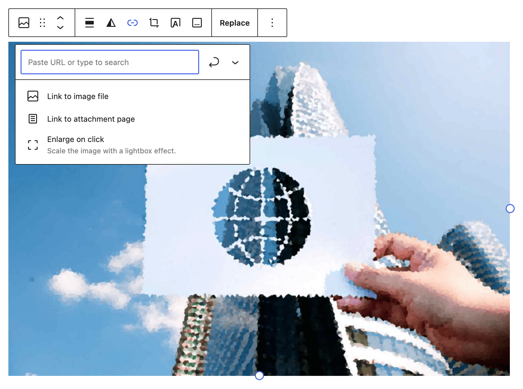 The block editor with an Image block selected and the Link menu of its toolbar open, offering Link to image file, Link to attachment page and Enlarge on click, Scale the image with a lightbox effect