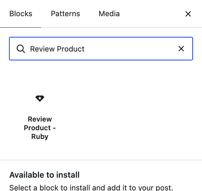 The block inserter with "Review Product" typed into its search box, returning the Review Product - Ruby block