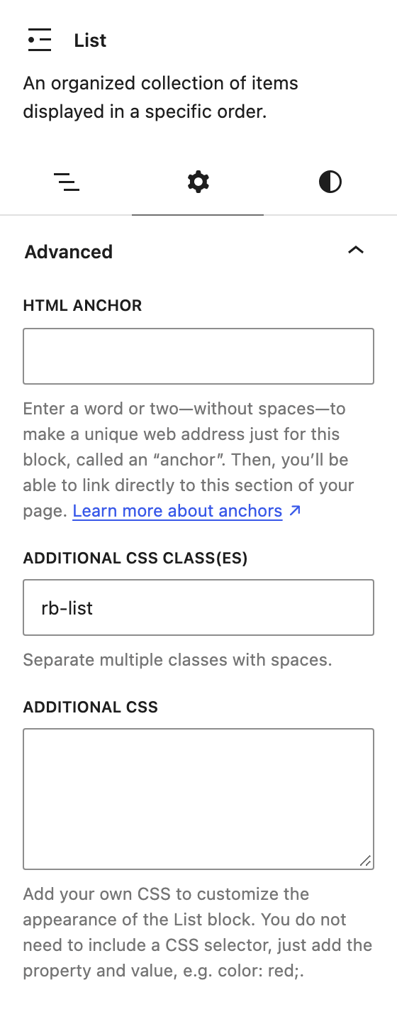rb-list typed into Additional CSS class(es) on the list block's Advanced panel