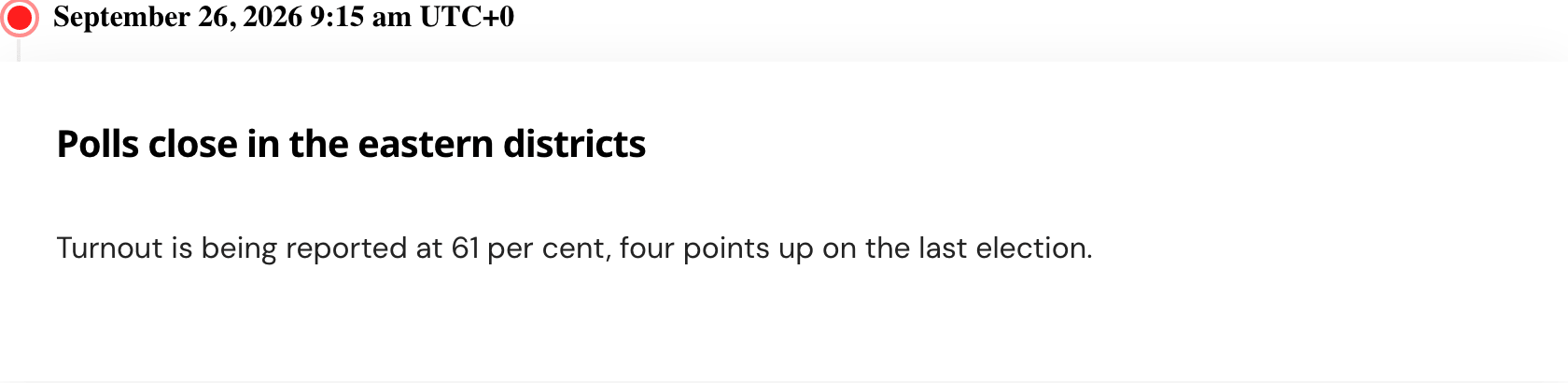 A Live Blog - Ruby block in the editor canvas: the red live dot and the event date and time above a card holding a heading and a paragraph