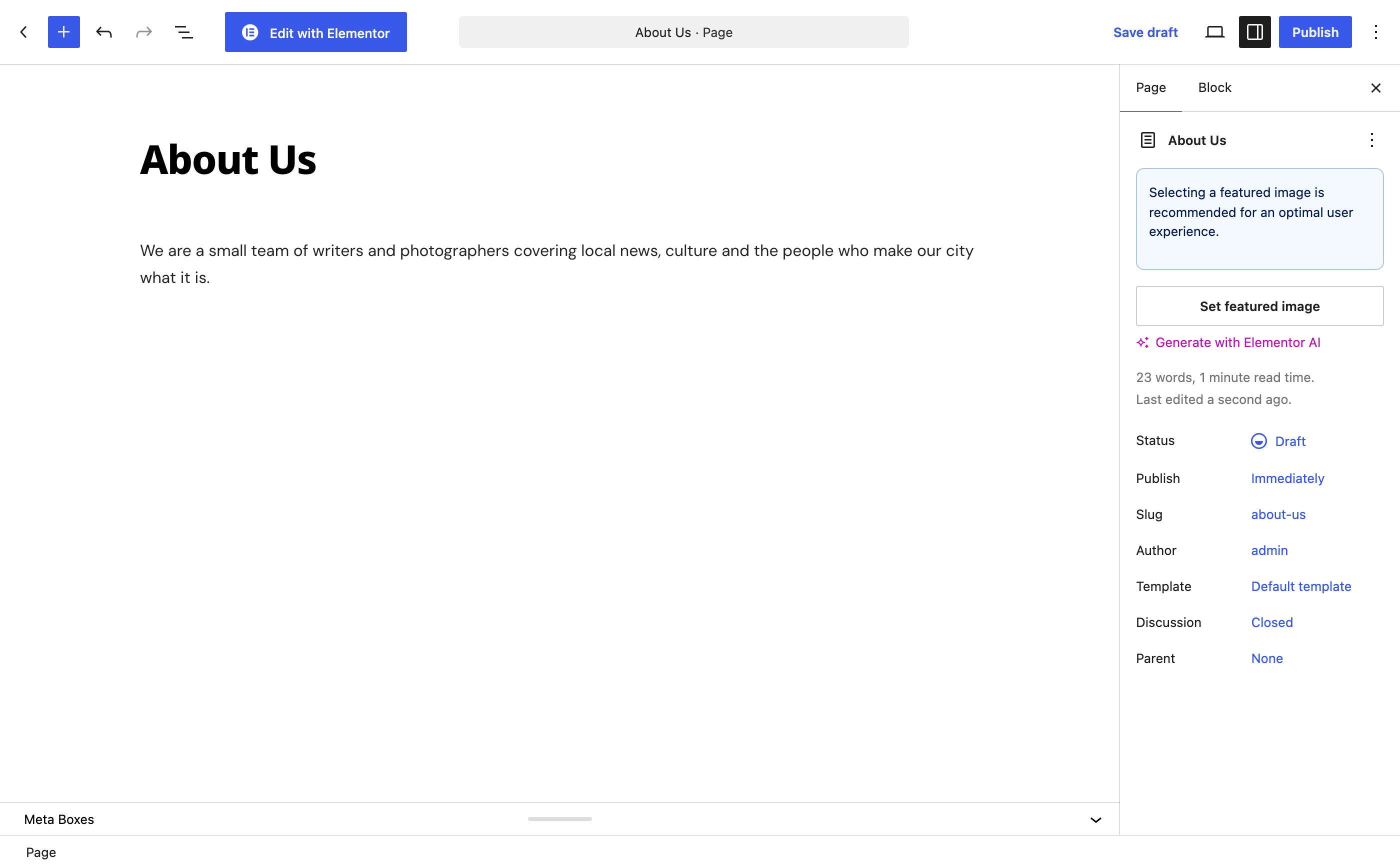 The block editor with a new page being written: the title and a paragraph on the left, Save draft and Publish at the top right, and the Page sidebar on the right
