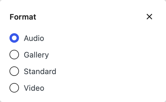 The Format list in the post editor, open from the Post panel: Audio, Gallery, Standard and Video, with Audio selected