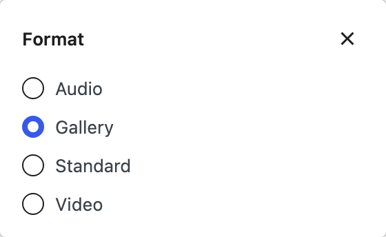 The Format list in the post editor, open from the Post panel: Audio, Gallery, Standard and Video, with Gallery selected