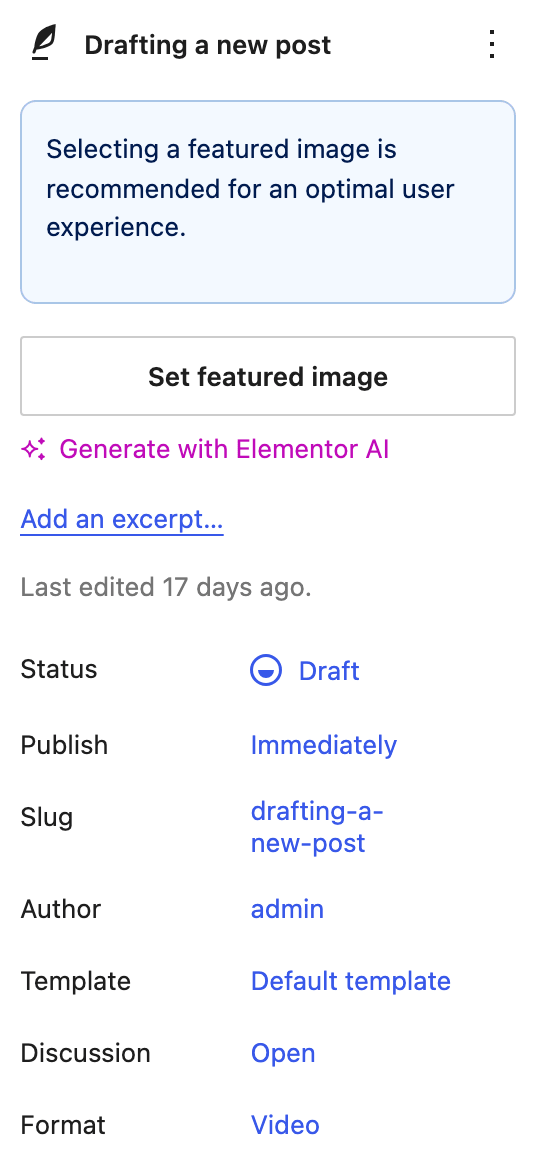 The Post sidebar in the editor, with Format at the bottom of the summary set to Video